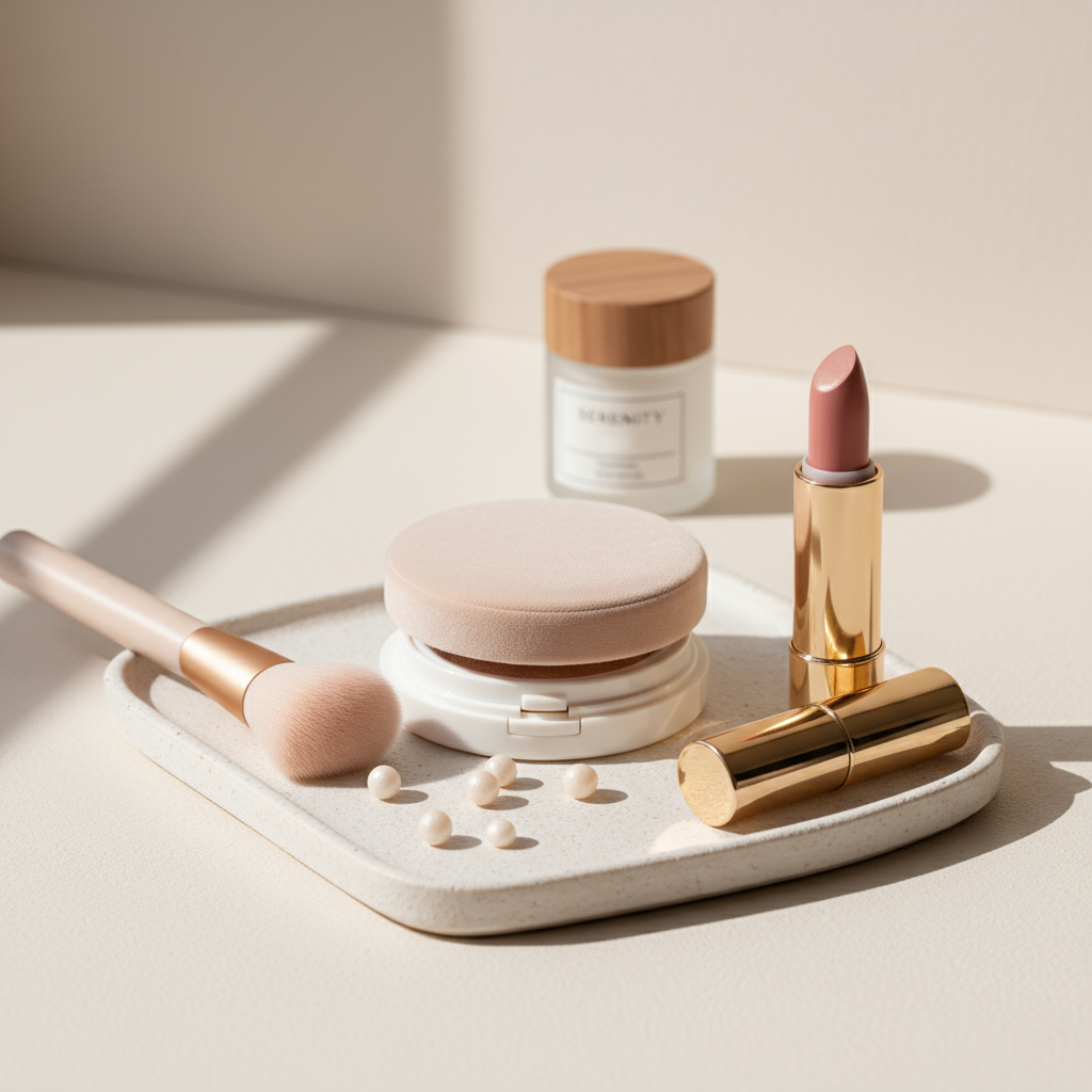 hochdetaillierte kosmetische Detailaufnahme, Make-up-Utensilien, in einem sehr hellen, cremefarbenen, minimalistischen Studio mit moderner Wellness-Atmosphäre, feine Texturen, luxuriös, sanftes Licht, ästhetisch