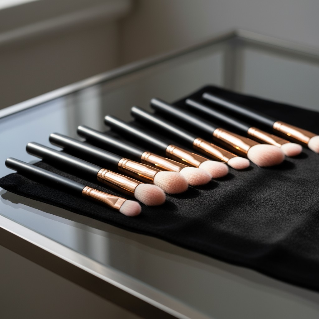 Dieses Bild zeigt eine Reihe von Kosmetikpinseln auf einer schwarzen Vorlage, üblicherweise für eine Palettemakeupapplikat...