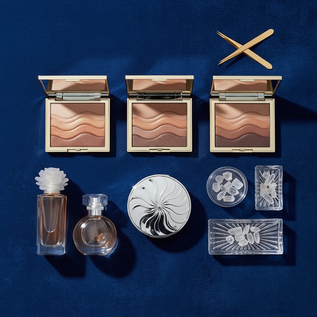 Angebot von Schminke und Parfume auf blauer Unterlage.