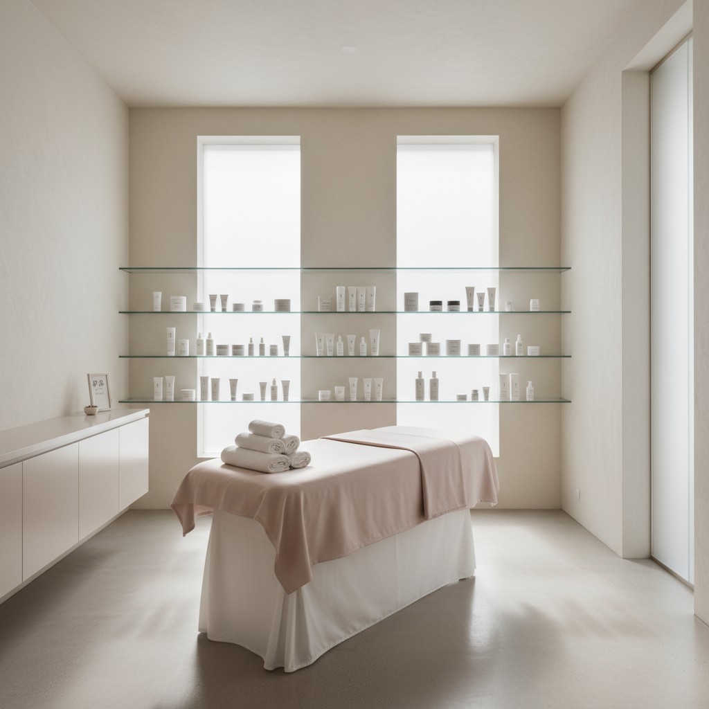 Modern spa room with shelves full of creams around a massage table. Modern gesundheitszentrum-Raum mit massiv voller Gel-P...